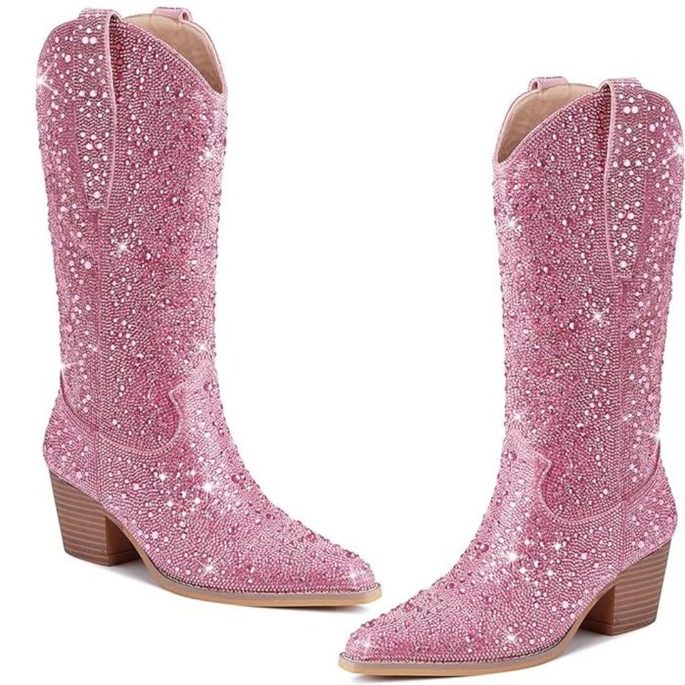 NWT Sparkling Bling Swarovski Crystal PINK Women Knee High Cowboy Boots … - Picture 2 of 9